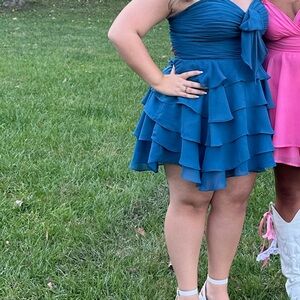 Blue Strapless Ruffle Dress